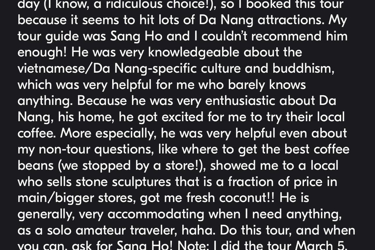 Da Nang: Private Da Nang City Tour & Local Guides & 3 stops From Da Nang: Marble Mountains, Lady Budda & Dragon Bridge
