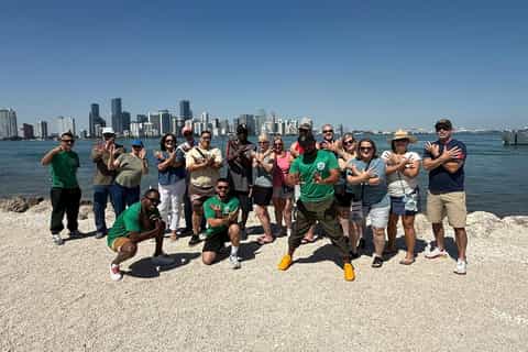 Guided Miami city tour bus with Biscayne Bay in the background