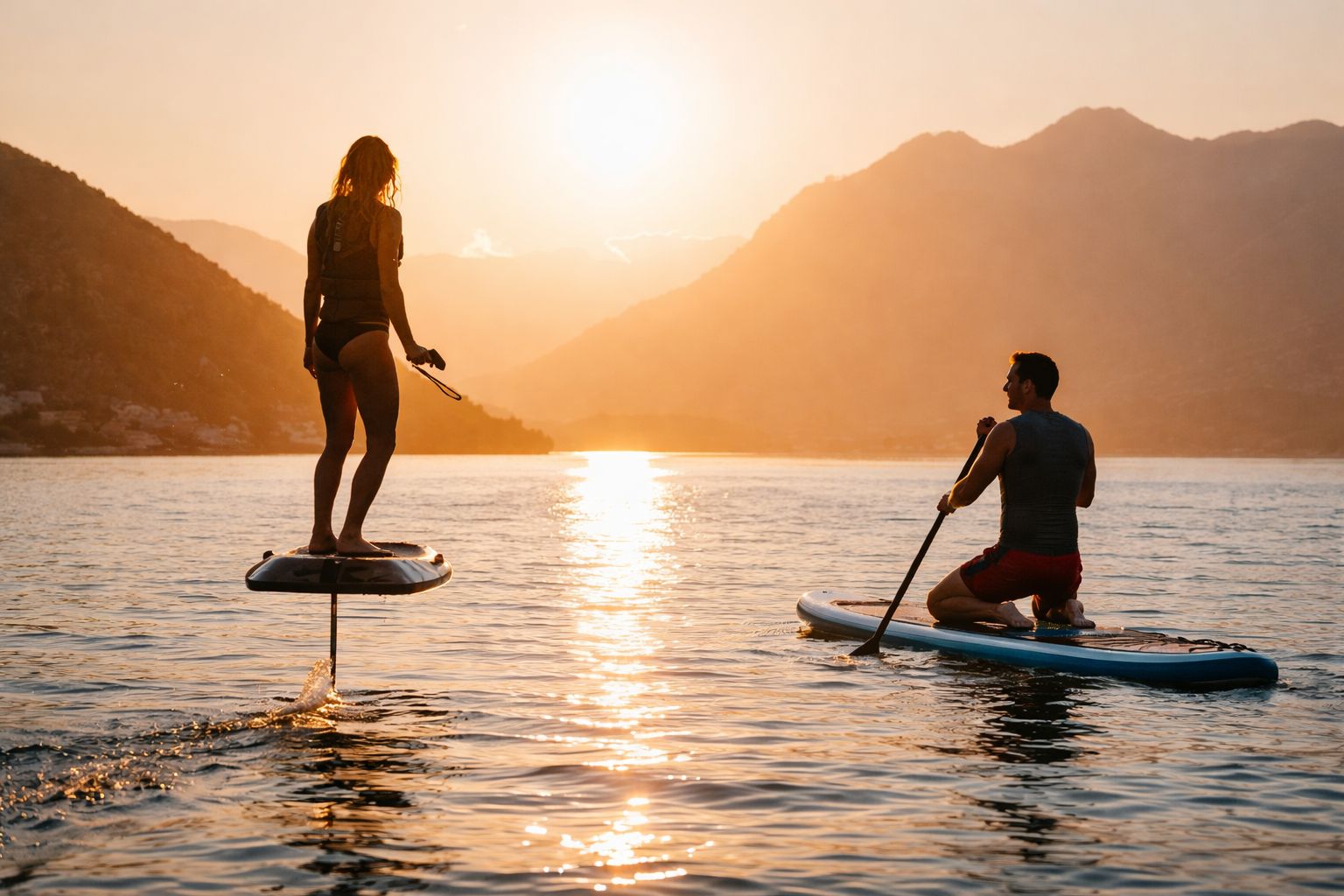 Estepona: Paddel- und E-Foil-Abenteuer für Paare bei Sonnenuntergang