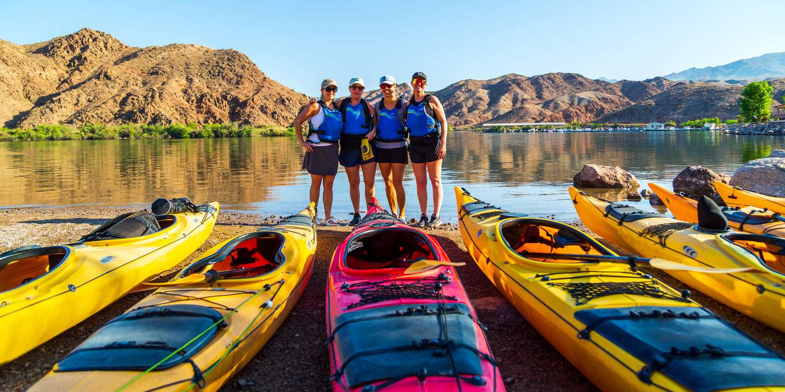 Guided kayak group at Emerald Cave, Colorado River