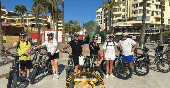 A group in helmets stands beside e-bikes on a palm-lined promenade