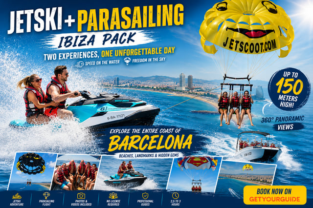 Parasailing- és jet-ski-élmény Barcelona várossziluettjével