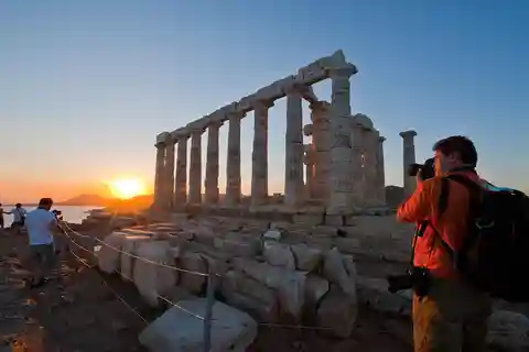 Ancient Corinth and Sunset at Temple of Poseidon Cape Sounio