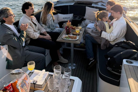 Lisbon Sunset Luxury Boat Vibes with Drinks & Pizza Lisbon Luxury Cozy Cruise with Drinks & Pizza
