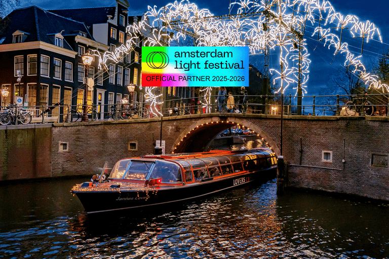 Amsterdam Light Festival Warm Boat Cruise + Optional Drinks Light Festival Canal Cruise from Central Station