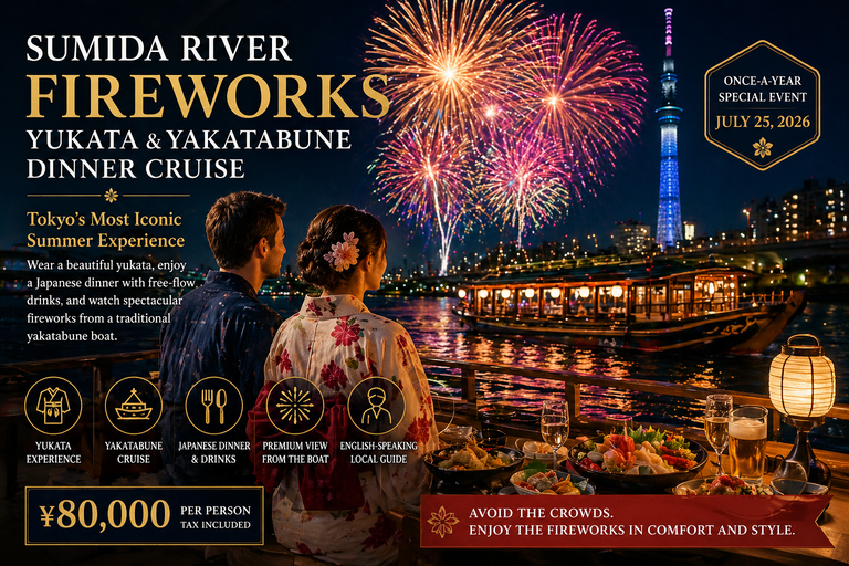 Tokyo: Sumida Fireworks Yukata & Yakatabune Dinner Cruise
