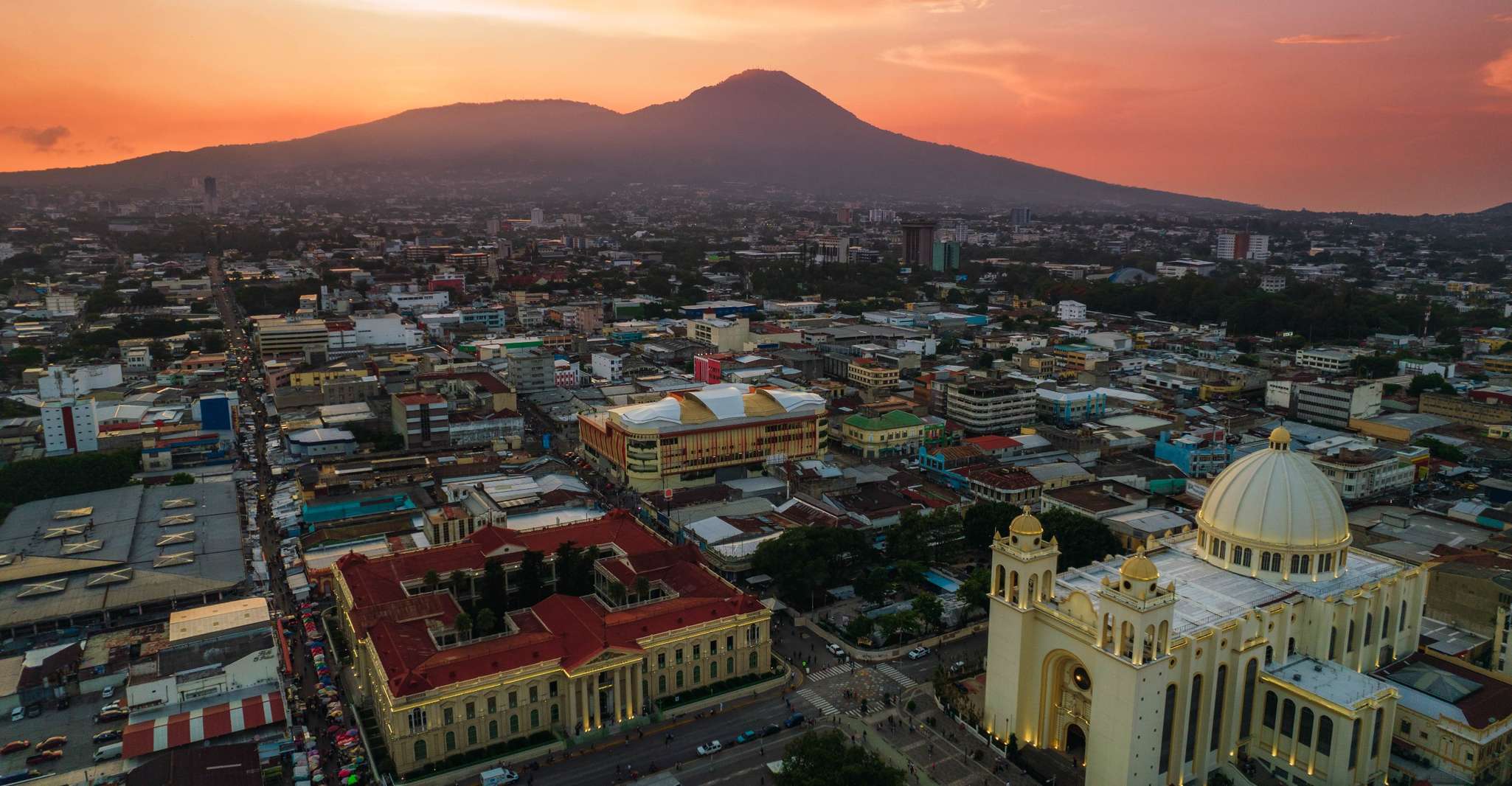 San Salvador volcano and historic downtown of San Salvador., San ...