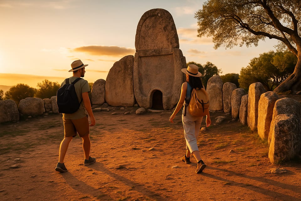 Two visitors walking past a giants’ tomb of standing stones in warm evening light