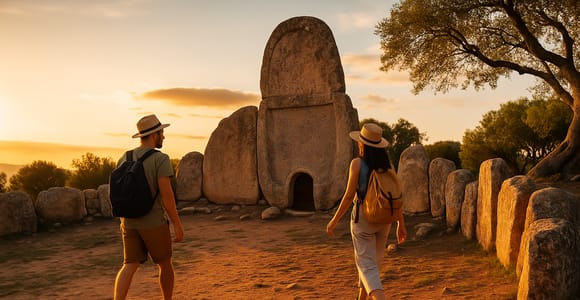 Two visitors walking past a giants’ tomb of standing stones in warm evening light