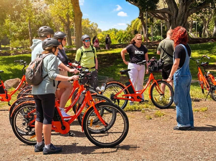 Group with helmets and orange bikes in a park while a guide explains the route