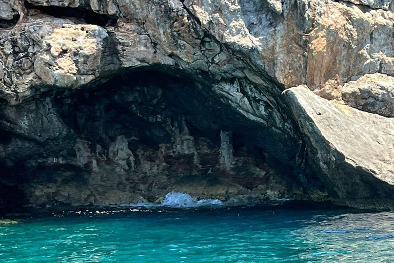 Messinia: Private Boat Trip with Snorkeling and Snacks Private 4 hour cruise • Swim, explore & enjoy local flavors