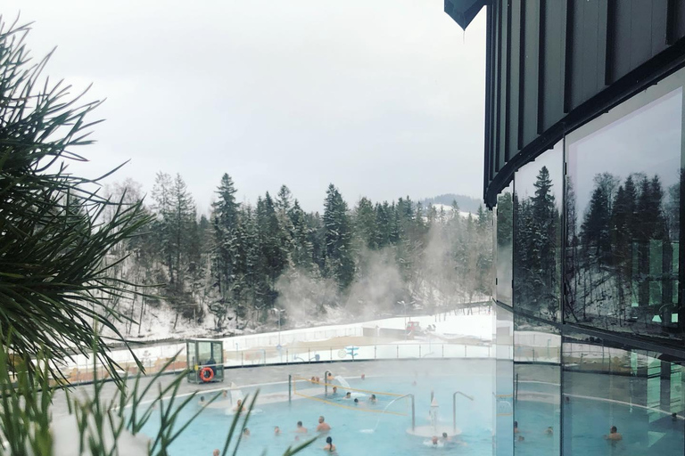 Cracovia: Paseo en moto de nieve con piscinas termales y servicio de recogida del hotel