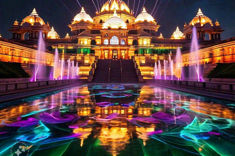 New Delhi: Akshardham-utställningen. Rundtur med vatten- och ljusshow