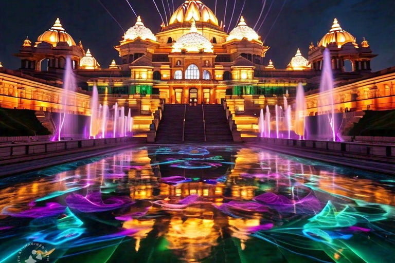 New Delhi: Akshardham-utställningen. Rundtur med vatten- och ljusshow