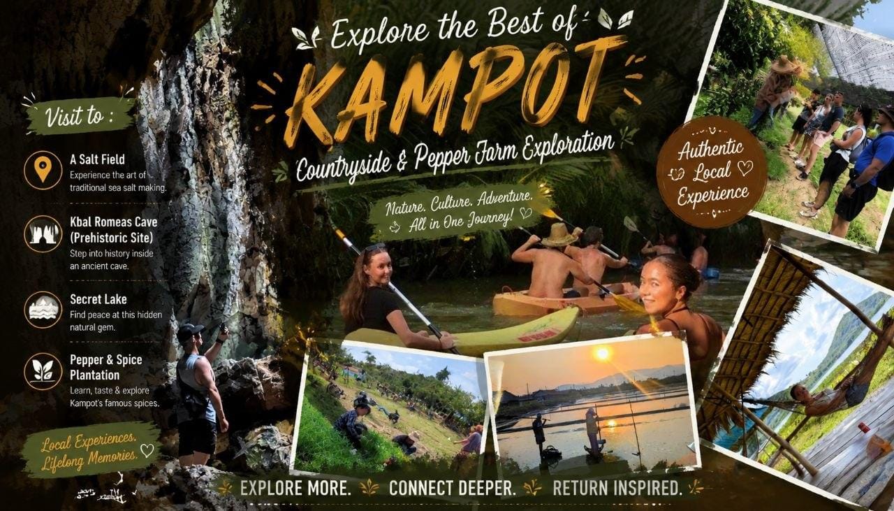 Erkunden Sie die Landschaft von Kampot, die Pfefferfarm und machen Sie eine Kajaktour