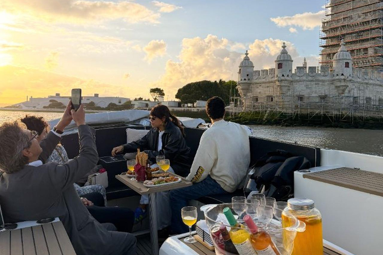 Lisbon Sunset Luxury Boat Vibes with Drinks & Pizza Lisbon Luxury Cozy Cruise with Drinks & Pizza