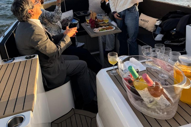 Lisbon Sunset Luxury Boat Vibes with Drinks & Pizza Lisbon Luxury Cozy Cruise with Drinks & Pizza