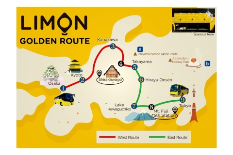 Japan Golden route Bono de autobús LIMON de 7 díasTokio-->Pase de 7 días Osaka/Kioto