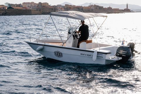 Crete: Almyrida Bay Self-Drive Boat Rental with Briefing Crete: SUNSET Almyrida Bay Self-Drive Boat Rental