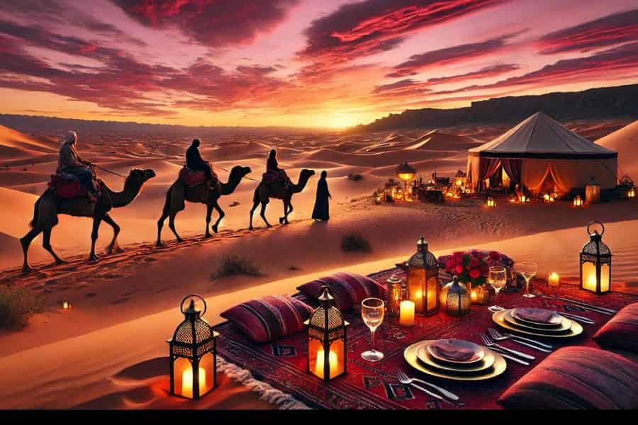 Marrakesch: Sonnenuntergang in der Agafay-Wüste, Kamelritt und Dinner-Show. Foto: GetYourGuide