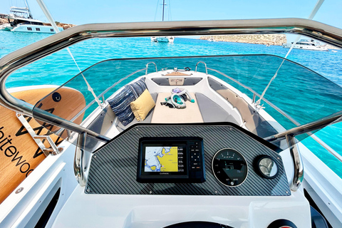 San Antonio: Tour Ibiza by boat. No license required, 6 people. Snorkeling and SUP
