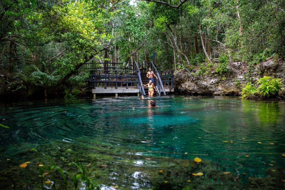 Clear green-blue lagoon in dense forest, a wooden platform with steps leading into the water, two swimmers, fallen leaves drifting on the surface