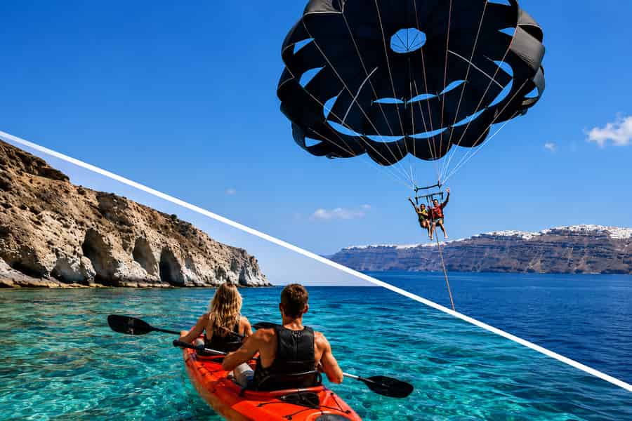 Santorin: Kajak-Verleih und Parasailing-Abenteuer für 2. Foto: GetYourGuide Santorin: Kajak-Verleih und Parasailing-Abenteuer für 2. Foto: GetYourGuide