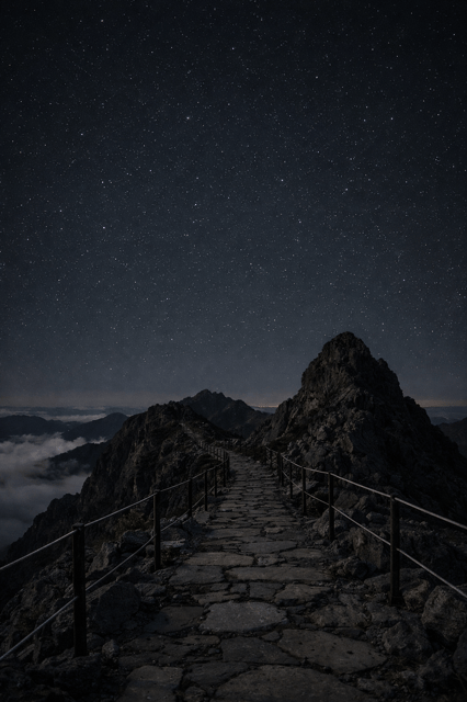 A dark mountain summit beneath a star-filled sky with the lights of Funchal glowing far below