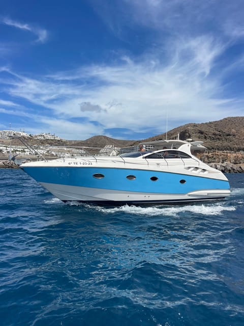 A white yacht with a blue hull cruising on dark blue water, a brown hillside and white apartment blocks of a harbour town behind it under a blue sky with thin cloud