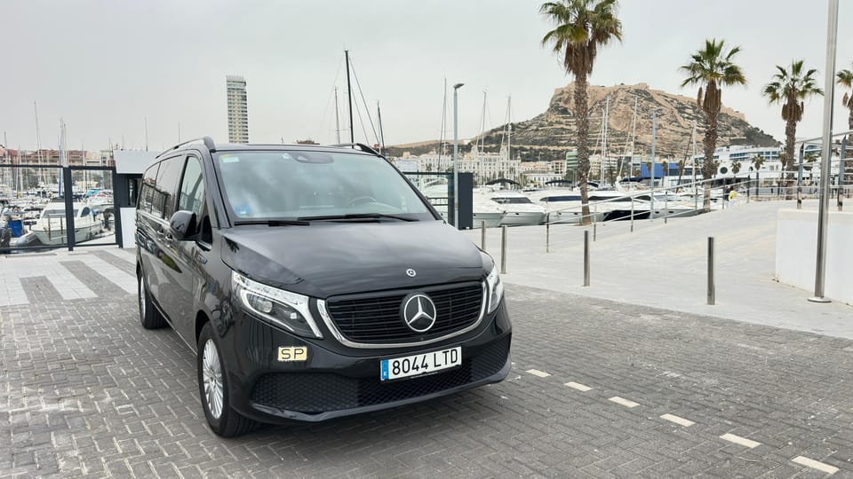 A black Mercedes van on paving beside a marina, with palm trees and a rocky hill behind