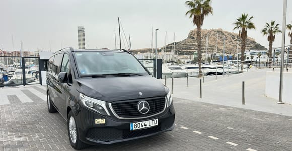 A black Mercedes van on paving beside a marina, with palm trees and a rocky hill behind