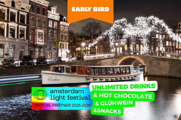 Amsterdam: Beheizte Grachtenfahrt zum Lichterfest + Heißgetränke &amp; HäppchenLichterfest-Bootsfahrt – unbegrenzte Getränke + Häppchen (CS)