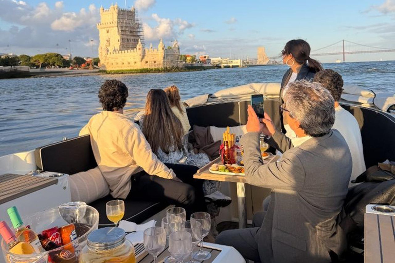 Lisbon Sunset Luxury Boat Vibes with Drinks & Pizza Lisbon Luxury Cozy Cruise with Drinks & Pizza