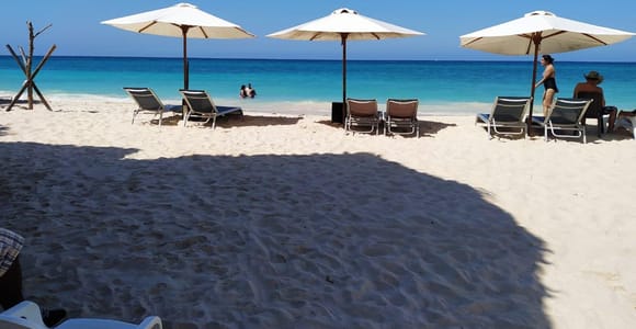 Three white parasols and rows of sun loungers on fine white sand, turquoise sea and empty horizon behind, hardly anyone in the water