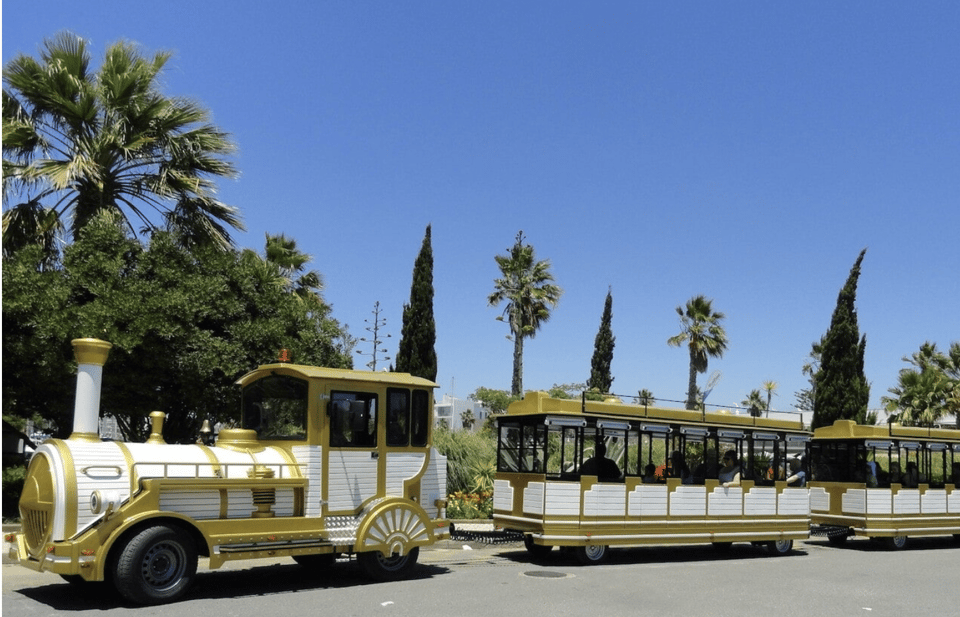 Eine gold-weiße Touristenbahn mit offenen Wagen, geparkt auf Asphalt unter Palmen bei wolkenlosem Himmel