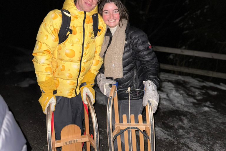 Interlaken: Sunset Sledding Adventure & Swiss Cheese Fondue Interlaken: Sunset Sledding & Fondue Dinner in Mürren