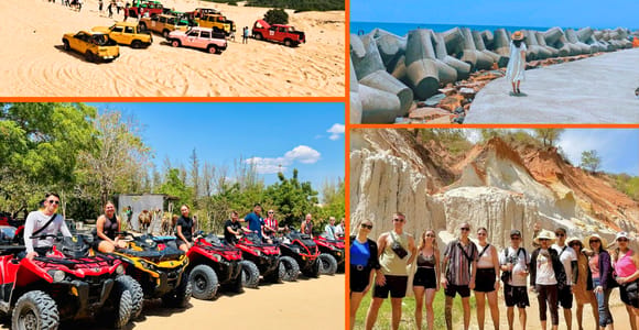 A four-panel collage: open jeeps parked on a sand slope, a figure walking among concrete breakwater blocks, a row of quad bikes on sand, and a group standing in shallow water below pale cliffs