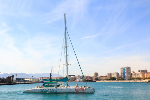 Málaga: Catamarán a Vela con Natación y Almuerzo de PaellaCatamarán con baño, almuerzo y asientos en la red