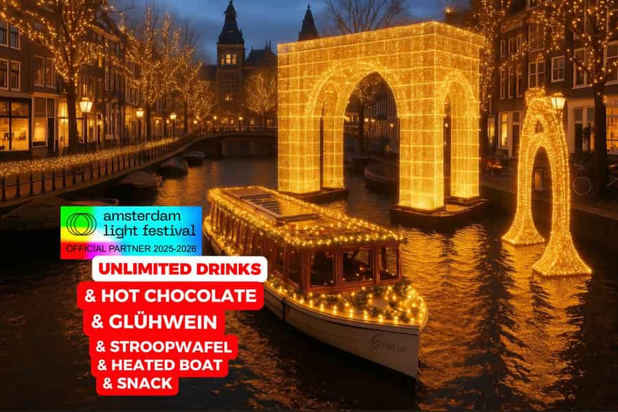 Amsterdam: Beheizte Bootsfahrt zum Lichterfest + unbegrenzte Drinks & Snacks. Foto: GetYourGuide