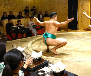 Tokio: Espectáculo de práctica de sumo con olla caliente de pollo y foto
