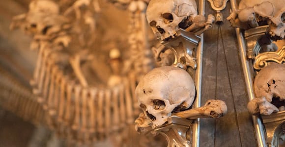 Close-up of human skulls and bones arranged as decoration on a column and garland inside a church