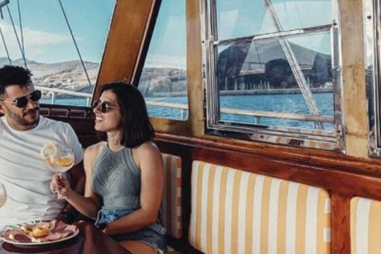 Atlantic Festival Funchal: Fireworks view from a wooden boat with a drink Atlantic Festival Funchal: Firework view from a wooden boat with a drink