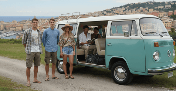 Genoa sightseeing in a hippie Volkswagen with wine