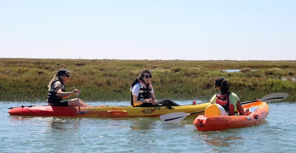 A kayak paddled through still water between salt marsh banks