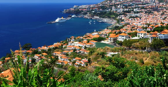 A red sightseeing bus climbing a sunny street above Funchal harbour