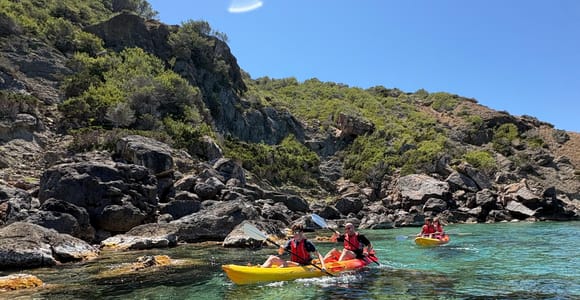 Two people in life jackets paddling a yellow kayak on clear green water below a scrubby rocky shore