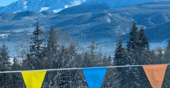 Snowy spruce forest with coloured pennants in front of snow-covered Tatra peaks