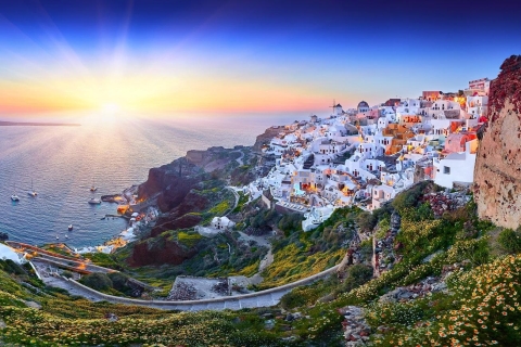 Santorini: rejs po wulkanie i gorących źródłach z kolacją o zachodzie słońca