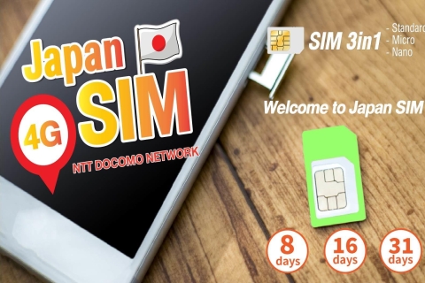 Japan: SIM Card with Unlimited Data for 8, 16, or 31 Days Japan: SIM Card with Unlimited Data for 16 Days