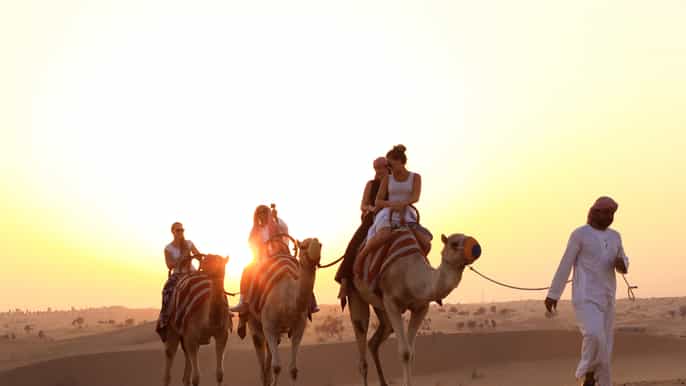 fra dubai kameltur i solnedgang med show bbq på al khayma
